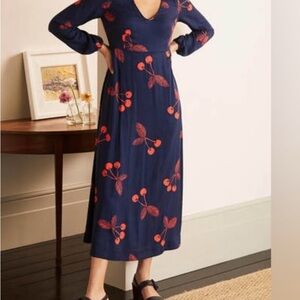 Boden dress NWT Tanya midi dress 6 French navy cherry print scoop neck long slee